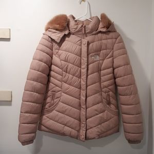 Pink North Face Puffy Jacket with Hood & Fur Trim